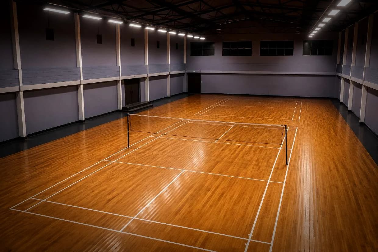 Finished African teak badminton court under full sports lighting