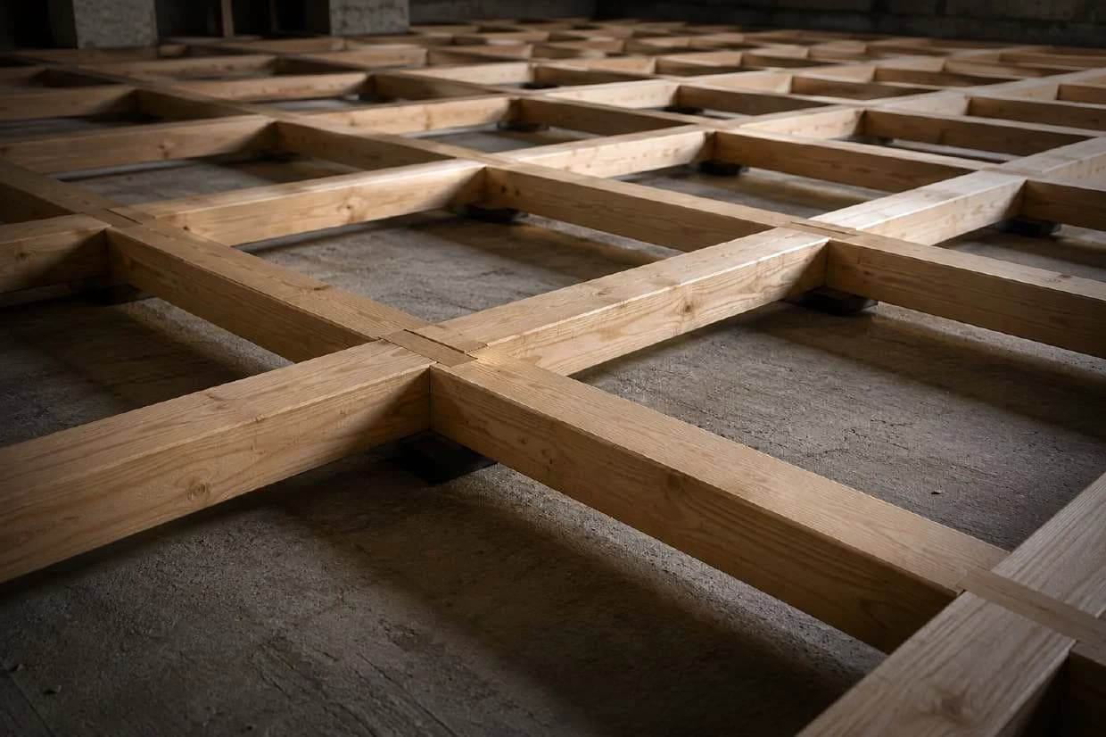 Interlocked pine timber framework, notched at every crossing, on shock pads over a concrete slab