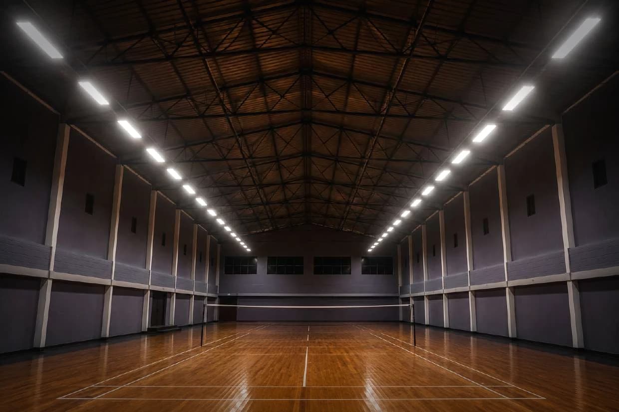 Two rows of linear fixtures running outboard of the sidelines down a badminton hall