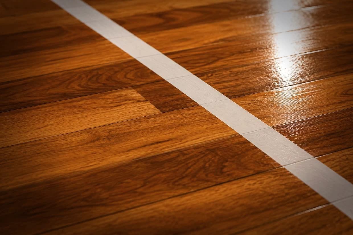 Close detail of polished African teak boards and a painted court line